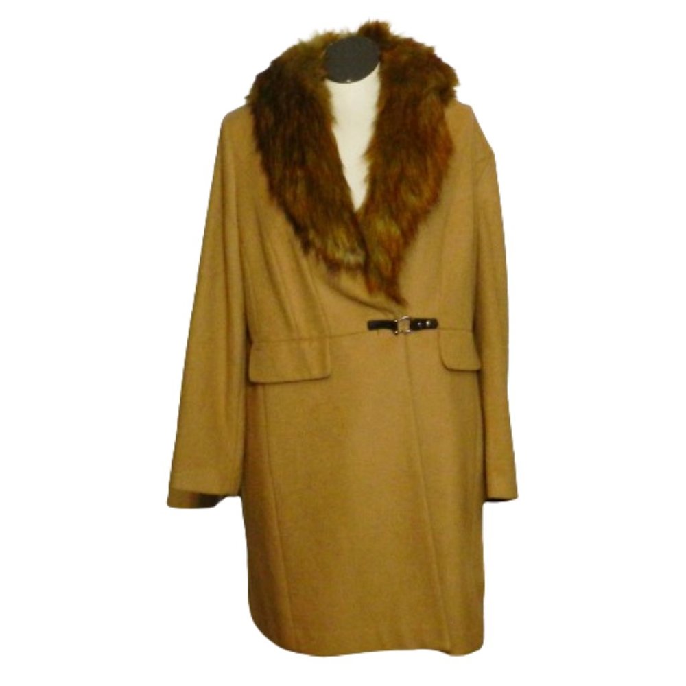 Ivanka Trump $260 Women's Camel Faux Fur Collar Wool Blend Coat Jacket 1X NWT!